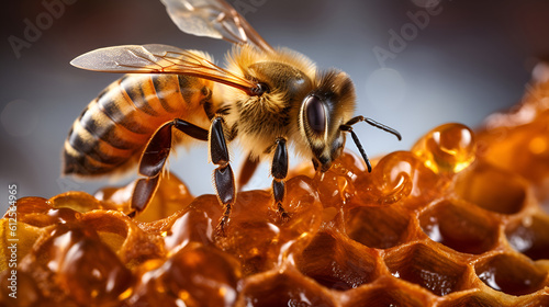 A bee eating sweet golden honey sitting on a frame with honeycombs.  Striped insect in the apiary. The life of a bee family. . © Tanuha