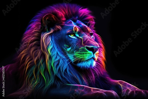 A lion illuminated with neon lights.