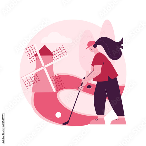 Golf abstract concept vector illustration. Mini golf world championship, outdoor recreation, country club tournament, rent equipment, personal training service, active lifestyle abstract metaphor.