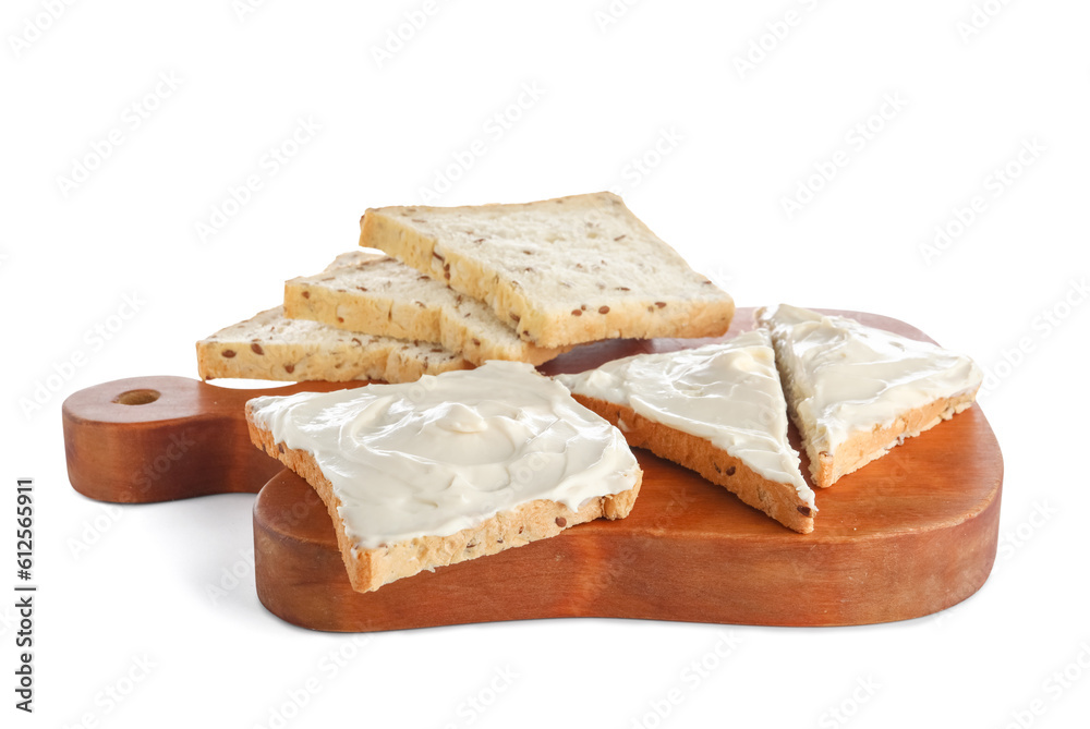 Wooden board of tasty toasts with cream cheese on white background