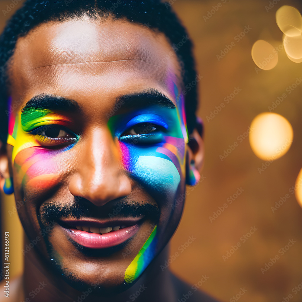 Handsome gay black man celebrating gay pride with rainbow colors. (AI-generated fictional illustration)
Handsome gay black man celebrating gay pride with rainbow colors. (AI-generated fictional illustration)
