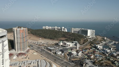 Drone footage of the tourism Complex OSIRIA in GIJANG, Busan, South Korea by the Sea of Japan photo
