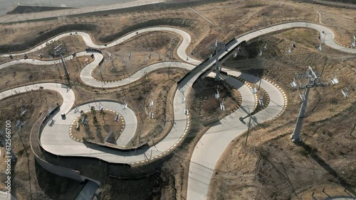 Aerial view showing Roller Coaster at Lotte World Amusement Park at Osiria Busan, South Korea photo
