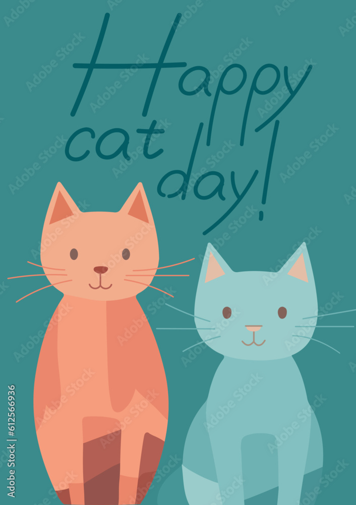 International kitty day card, world cat holiday poster, flat vector pair of cute kittens template