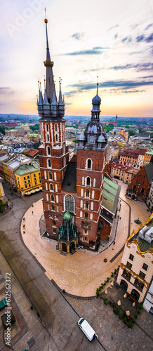 Aerial view of St Mary's Basilica in old town of Krakow in Poland