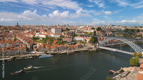 Aerial shot of the old city Porto and the Douro river in Portugal.