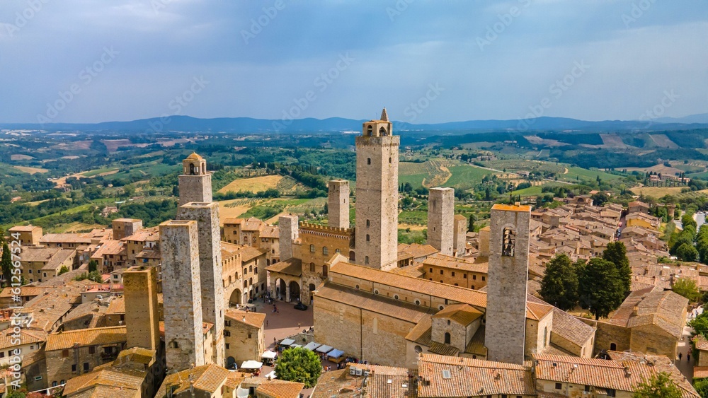 Aerial view of the San Gimignano Torre Grossa with a blue sky in the background, Italy, Tuscany