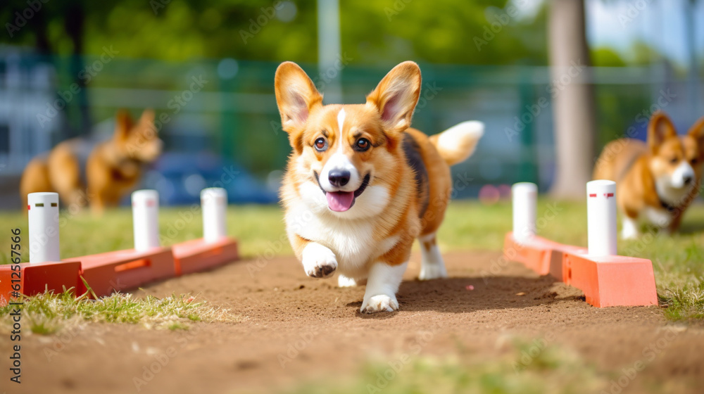 A Corgi Dog Runs and Jumps Over Obstacles Happily as it Plays in the Dog Park during Puppy/Dog Training Exercises - Generative AI A Corgi Dog Runs and Jumps Over Obstacles Happily as it Plays in the Dog Park during Puppy/Dog Training Exercises - Generative AI