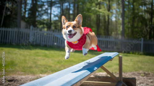 A Corgi Dog Runs and Jumps Over Obstacles Happily as it Plays in the Dog Park during Puppy/Dog Training Exercises - Generative AI