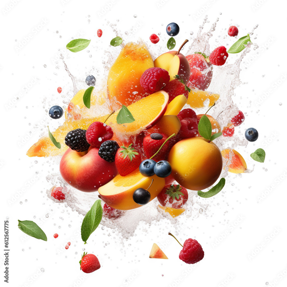 Fruit explosion with water splash on white background. Generative AI