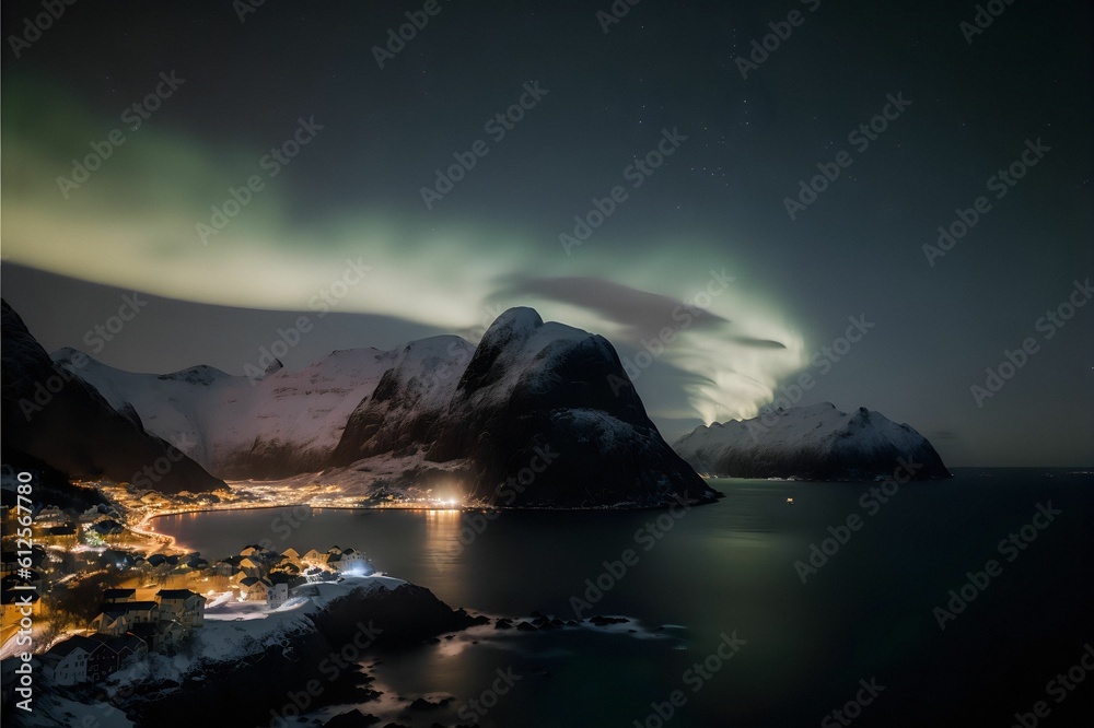 Aerial shot of a coastal town surrounded by rocks and waters at night during the Northern Lights