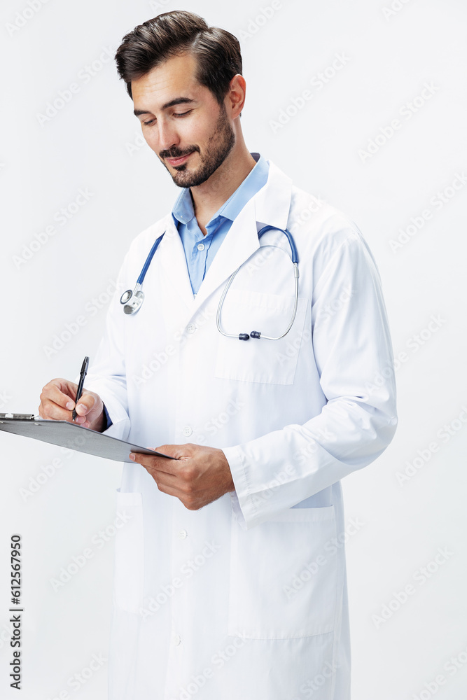 Man doctor in white coat with stethoscope and folder for notes and patient records smile and good test results look into camera on white isolated background, copy space, space for text, health Man doctor in white coat with stethoscope and folder for notes and patient records smile and good test results look into camera on white isolated background, copy space, space for text, health
