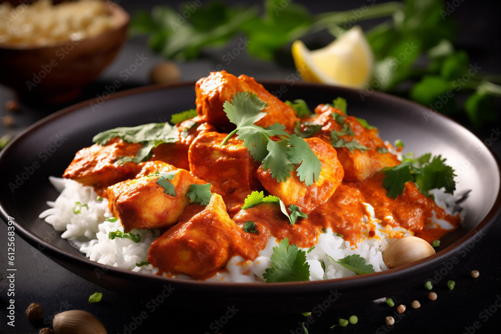chicken asia masala dark asian hot rice sauce indian background traditional. Generative AI. chicken asia masala dark asian hot rice sauce indian background traditional. Generative AI.