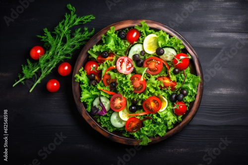 fresh food salad background diet rustic healthy dark vegetarian vegetable green. Generative AI.