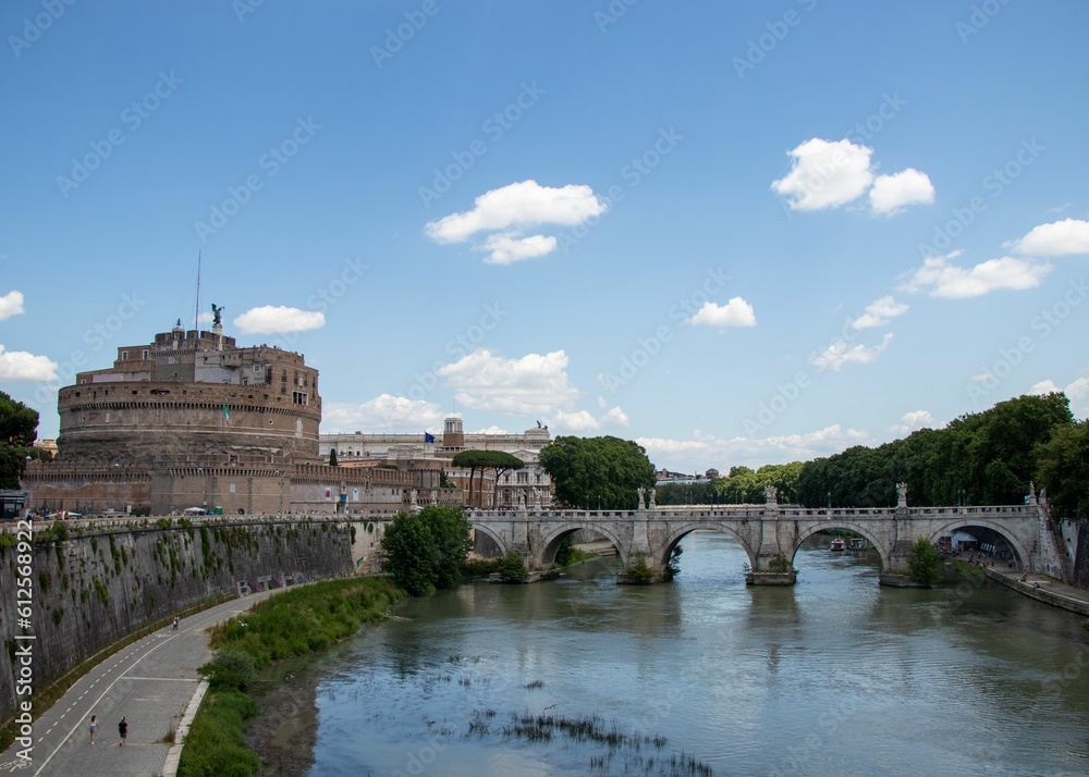 Beautiful scene of the Saint Angelo Castle with the bridge over the river, Rome, Italy