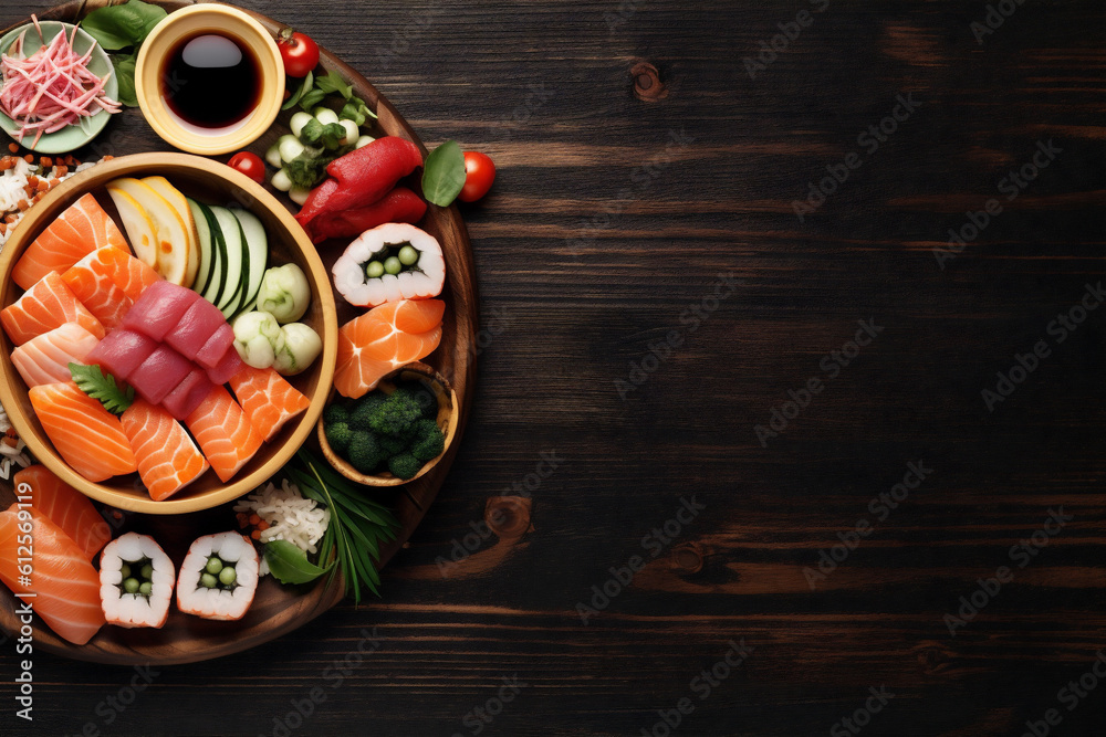 japanese food fresh sushi fish seafood healthy asian roll rice. Generative AI.