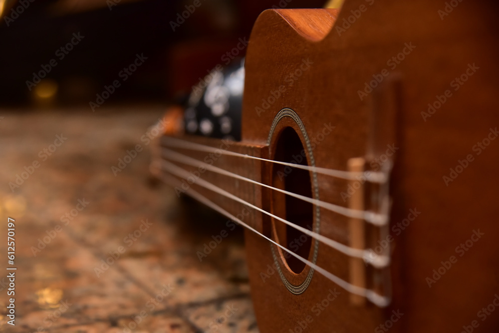acoustic guitar and black balloon with musical notes, guitar and music
