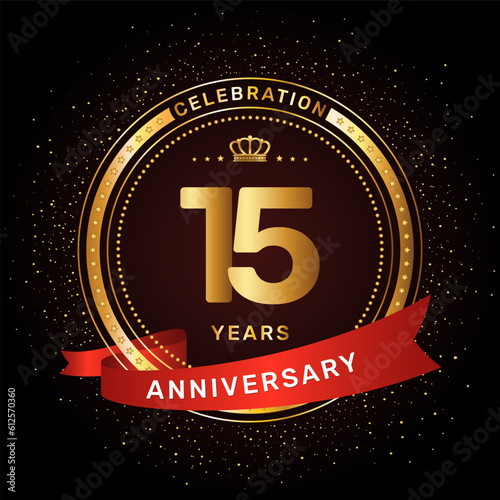 15th anniversary celebration logo design with a golden ring and red ribbon concept, vector template
