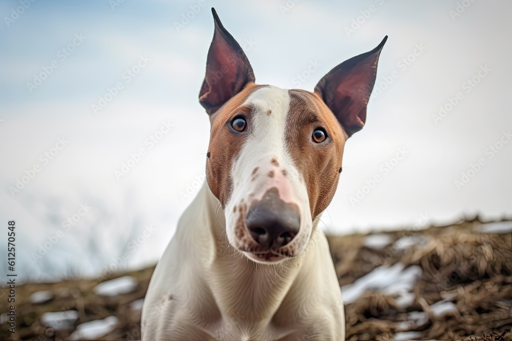 Captivating Confidence: An Adorable Adult Bull Terrier Dog with Carnivore Courage Against a Brown Background: Generative AI