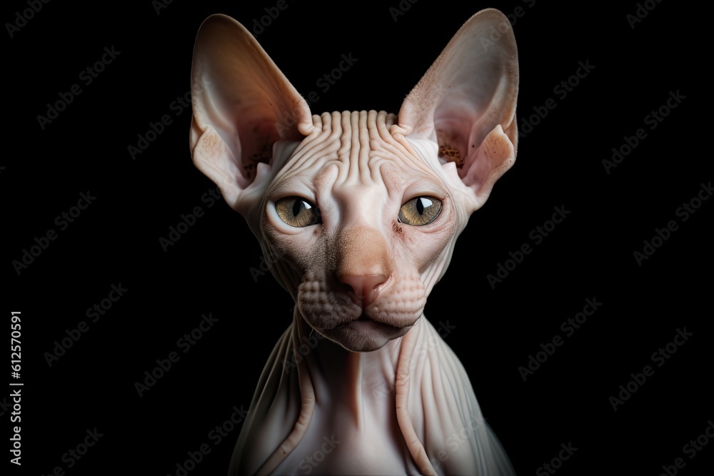 Cute Hairless Feline: A Portrait of a Domestic Sphynx Cat on a Black Background. Generative AI