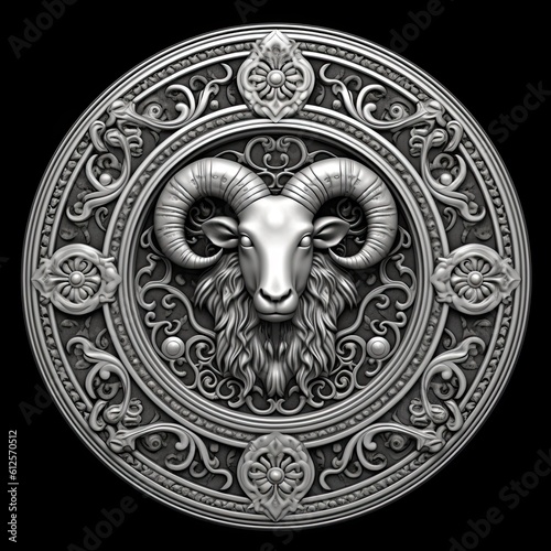 Aries Symbol: Unveiling the Celestial Mystery of Silver Filigree Ornament Relief: Generative AI