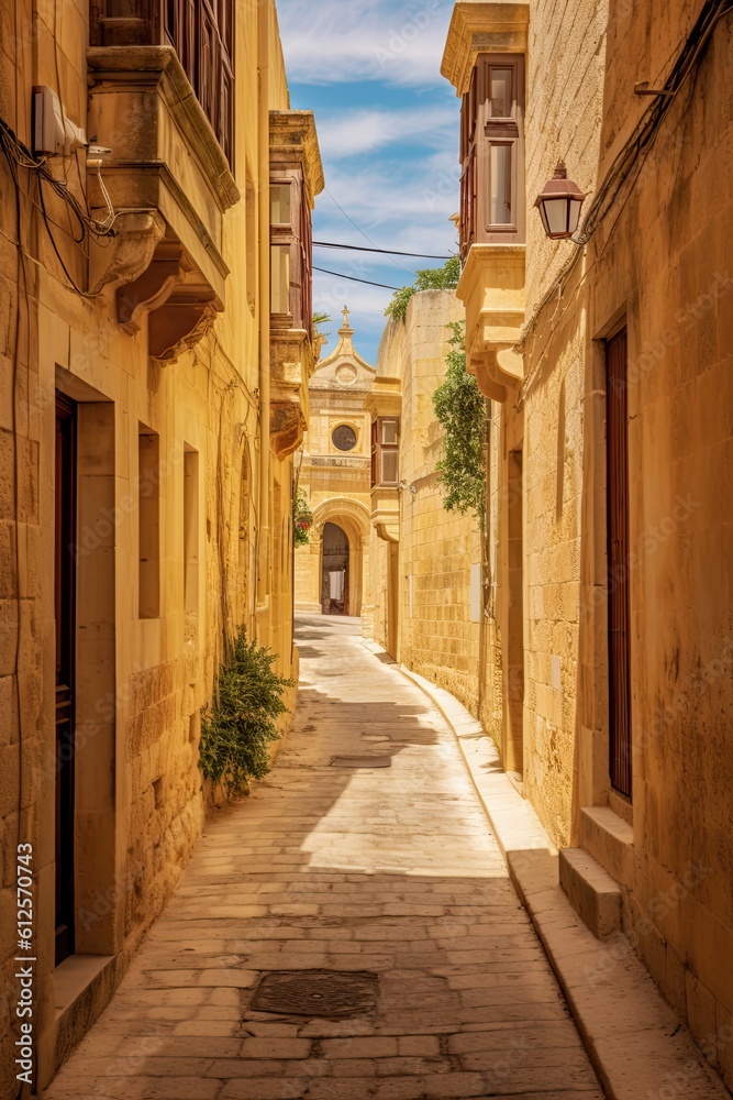 Glimpse of Malta's Ancient Street of Mdina on a Sunny Day: A European Tourist Destination of Mediterranean Stone Architecture: Generative AI