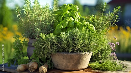 Fresh Aroma of Delicious Herbs - Mortar of Thyme, Rosemary and Basil on Wooden Table Outdoors, Generative AI