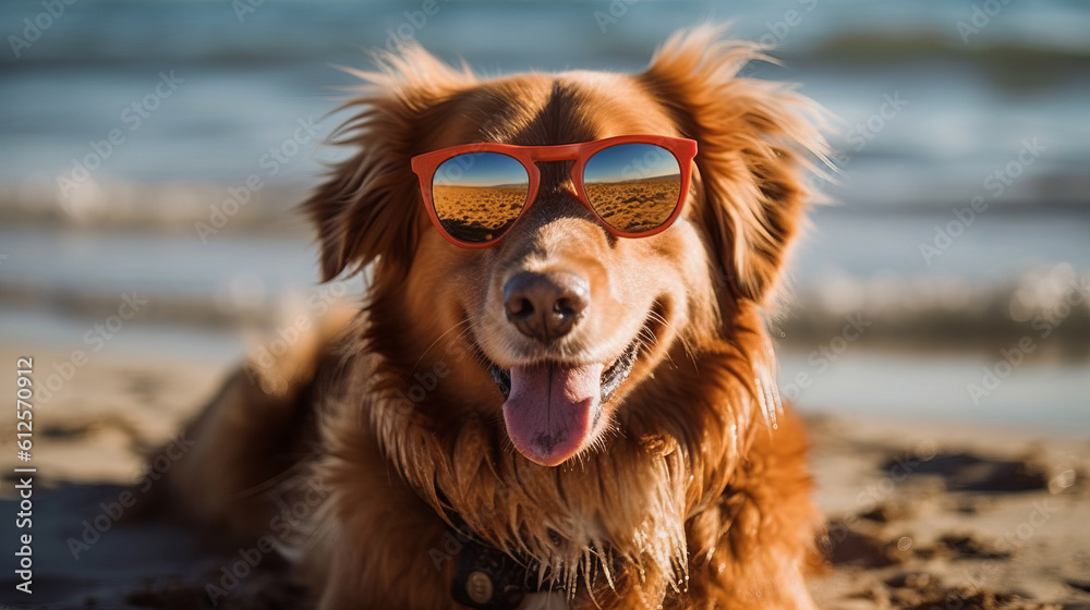 Beautiful portrait of a dog wearing sunglasses at the beach. Created with Generative AI technology.