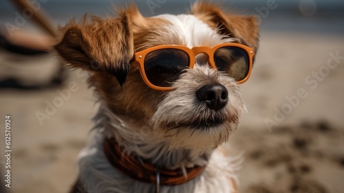 Beautiful portrait of a dog wearing sunglasses at the beach. Created with Generative AI technology. © IC Production