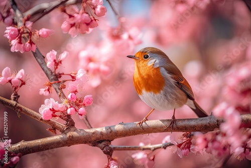 Spring's Haven: Witness the Magic of a Small Robin Bird on a Blush of Pink Flowers in a Tree. Generative AI