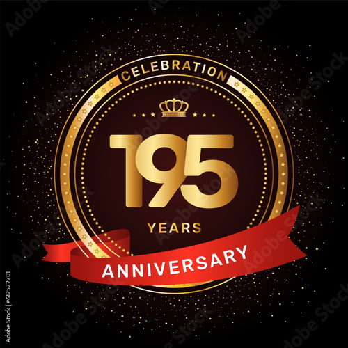 195th anniversary celebration logo design with a golden ring and red ribbon concept, vector template photo