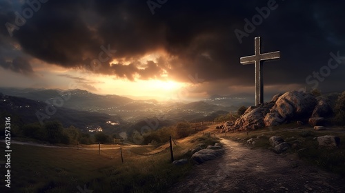 A realistic photography with christian catholic cross on the hills. Create with generative ai.
