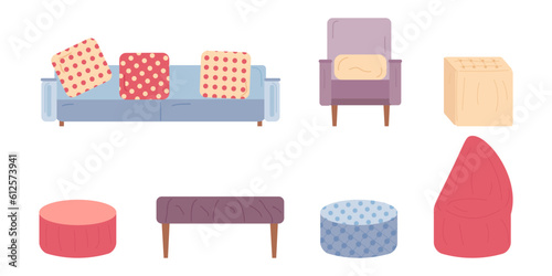 Various types of modern upholstered furniture, set. Sofa, armchair, ottoman and daybed. Interior design. Vector flat illustration.