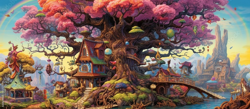 A beautiful scenario with coloful trees, houses, flowers. Fantasy. Enchanting. Create with generative ai.