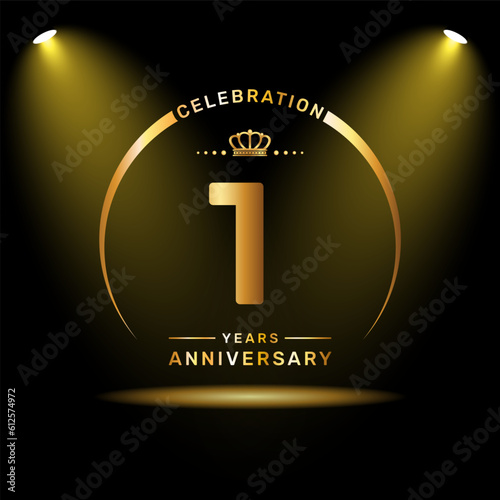 1st year anniversary celebration logo design with gold color number and ring, logo vector template