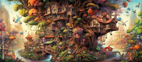 A beautiful scenario with coloful trees, houses, flowers. Fantasy. Enchanting. Create with generative ai.