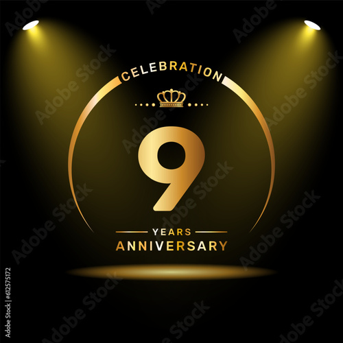 9th year anniversary celebration logo design with gold color number and ring, logo vector template
