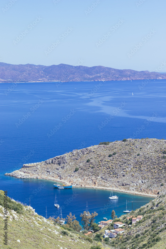 Top view of a small beach in Hydra a Greek island 