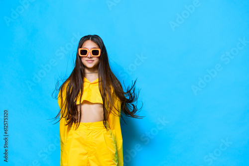 attractive woman trendy beautiful sunglasses joyful girl lifestyle fashion yellow young