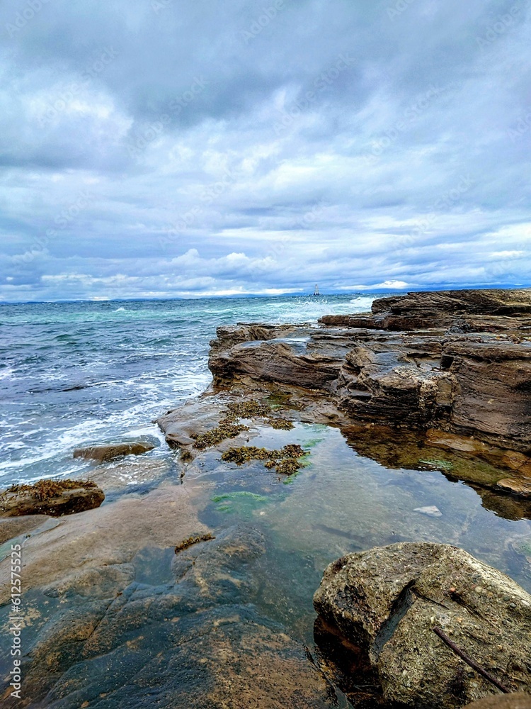 Beautiful view of rocky sea with waves under the cloudy sky Beautiful view of rocky sea with waves under the cloudy sky