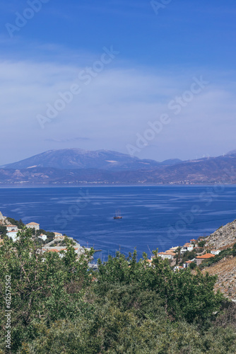 Top view of the island Hydra, a Greek island 