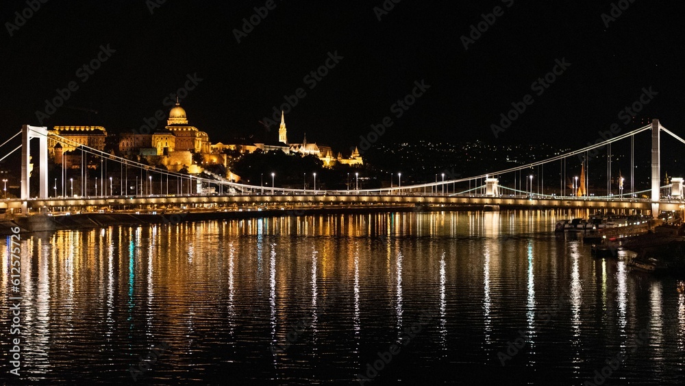 Low-angle view of a beautiful bridge above the lake in Budapest, Hungary