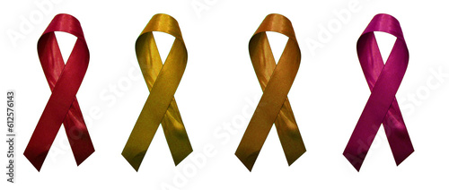 A set of four ribbons isolated on a blank background - warm toned colors (red, gold, orange, and fuchsia pink)