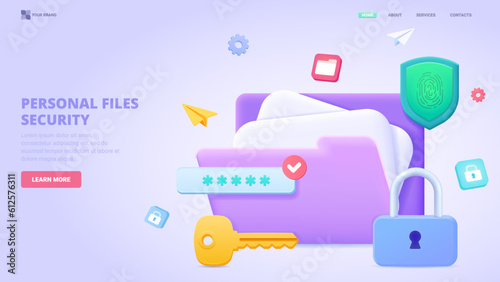 Personal files security, safe file storage, access to files in cloud, encrypted folder. 3d design concept for landing page. Three dimensional vector illustration for website, banner.