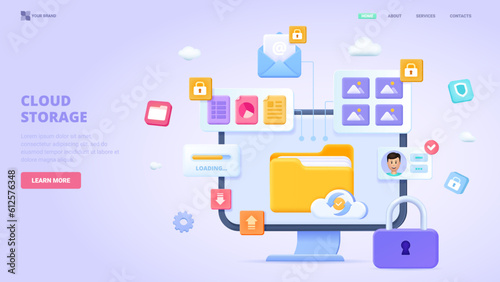 Cloud storage, remote data, personal files security, cloud technology, data protection.3d design concept for landing page. Three dimensional vector illustration for website, banner.