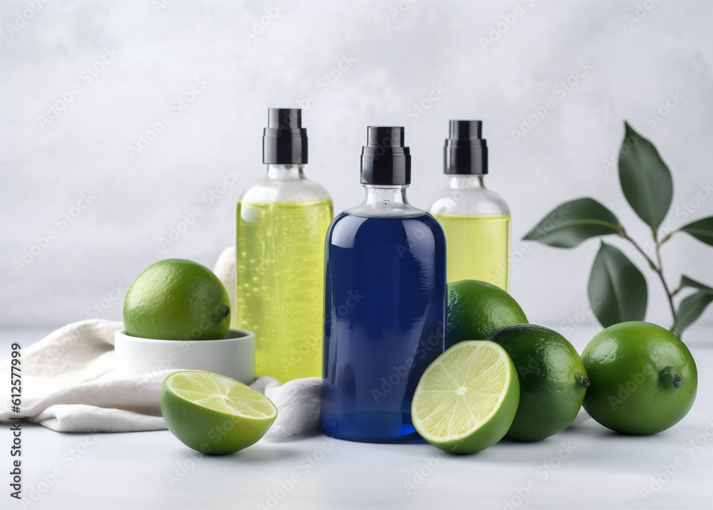 spa lemon oil skincare organic lime body treatment natural bottle. Generative AI.