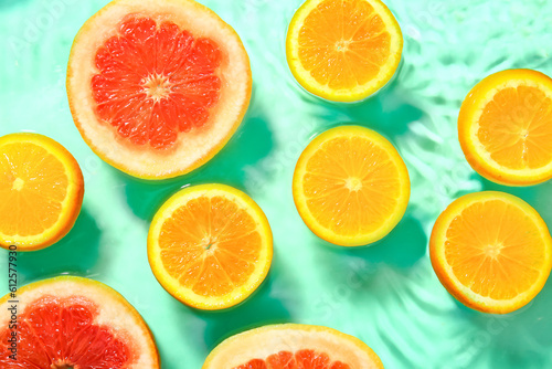 Slices of fresh orange and grapefruit in water on turquoise background