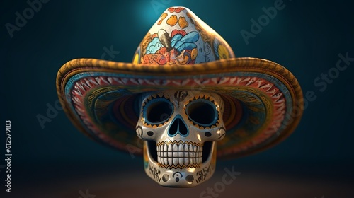A beautiful and colorful mexican skull with hat. Day of Dead Party. Mexican Culture. Create with generative ai.