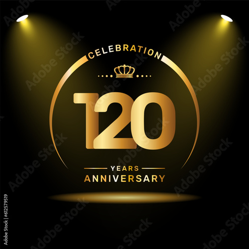 120th year anniversary celebration logo design with gold color number and ring, logo vector template