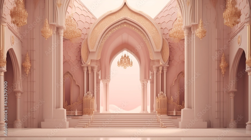 A beautiful islamic castle background with empty space to promote products and services. Generative Ai.